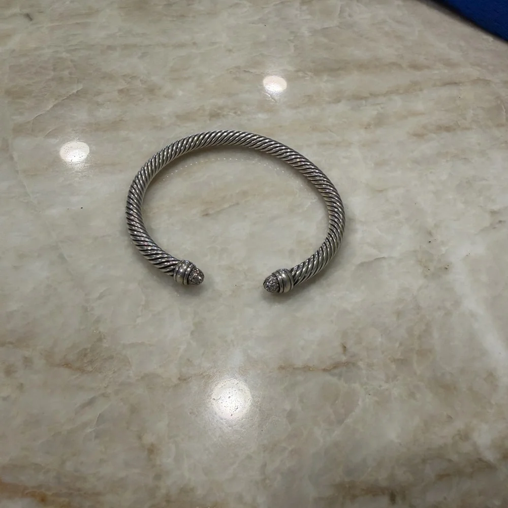 David Yurman Silver Cable Cuff with Diamond Endcaps